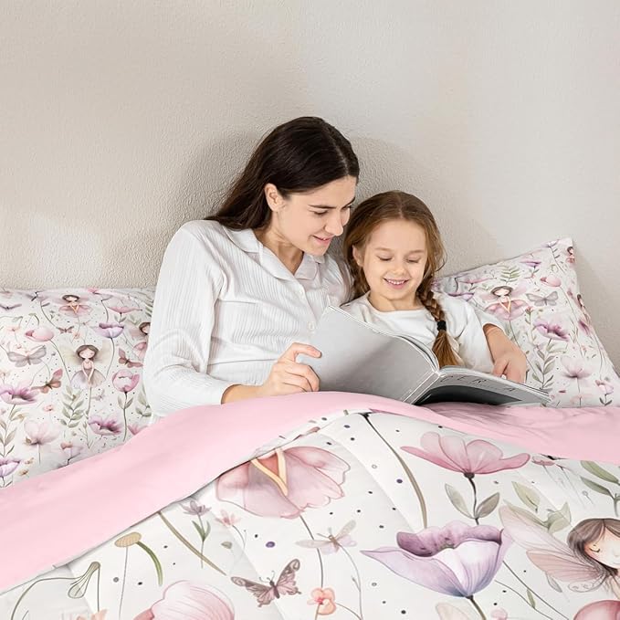 Erosebridal Fairy Garden Queen Comforter Set - Butterfly & Floral Bedding Sets for Kids Girls, Purple Pink Flower Butterflies Bed Set | Whimsical Fairies Room Decor with 2 Pillowcases