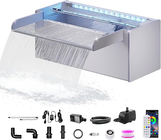 Longrun Pond Waterfall Box with Pump Kit, Transparent Acrylic Pond Waterfall Spillway with 680 GPH 3000L/H Pump for Ponds, Pond Spillway Color-Changing LED Light Strip for Garden (11.8")
