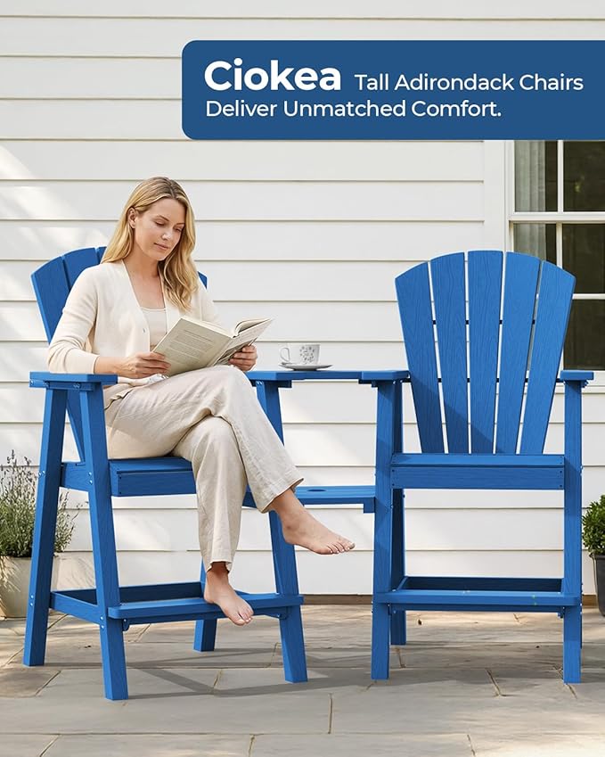 Ciokea Tall Adirondack Chairs Set of 4, HDPE Outdoor Adirondack Bar Stools with Double Connecting Tray, Weather Resistant High Back Adirondack Balcony Chairs for Deck, Lawn, Pool, Backyard, Navy Blue
