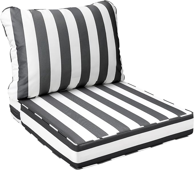 AAAAAcessories Outdoor Seat Cushions for Chairs, Fade-Resistant, Waterproof Patio Furniture Replacement Cushions, 21" x 21" x 3" + 21" x 17", Gray Cabana Stripe