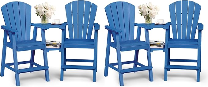 Ciokea Tall Adirondack Chairs Set of 4, HDPE Outdoor Adirondack Bar Stools with Double Connecting Tray, Weather Resistant High Back Adirondack Balcony Chairs for Deck, Lawn, Pool, Backyard, Navy Blue