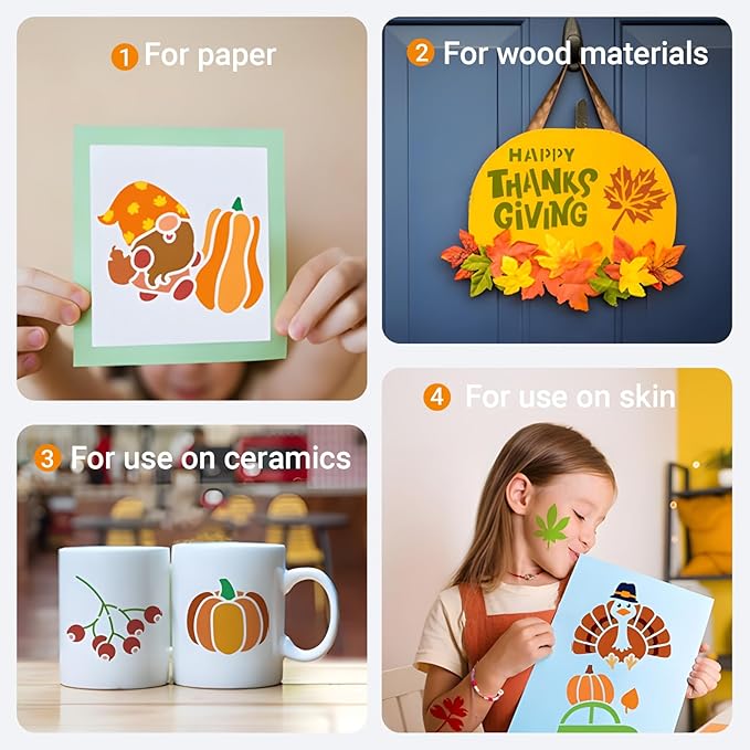 Felixcraft Thanksgiving Stencils for Painting, 64PCS 3x3 Inch Plastic Fall Stencils for Crafts Reusable, Durable PET Material for Wood Signs, Wall Art, Fabric Painting, and Festive DIY Art Projects
