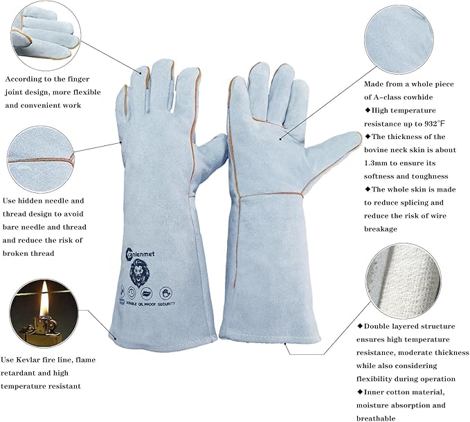 16 "electric welding gloves, Class A cowhide Kevlar thread sewn, 932°F, tear resistant, oven. Grill. Fireplace. Boiler. Stove. Argon arc welding. Wood burning barbecue. Animal handling gloves