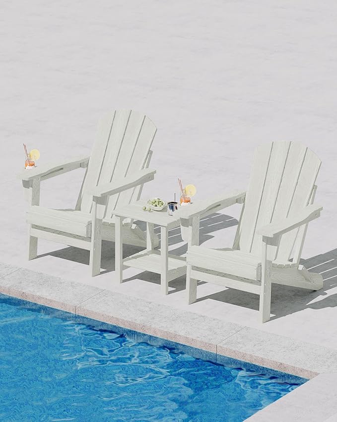 Folding Adirondack Chair, All-Weather HDPE Outdoor Chair, Wooden Textured with Cup Holder for patios, Decks, Gardens, fire pits, White