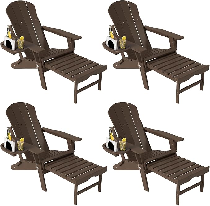 Adjustable Adirondack Chair with Retractable Ottoman Set of 4, HDPE Folding Adirondack Chair with Cup Holder, All Weather Fire Pit Chair for Outdoor.