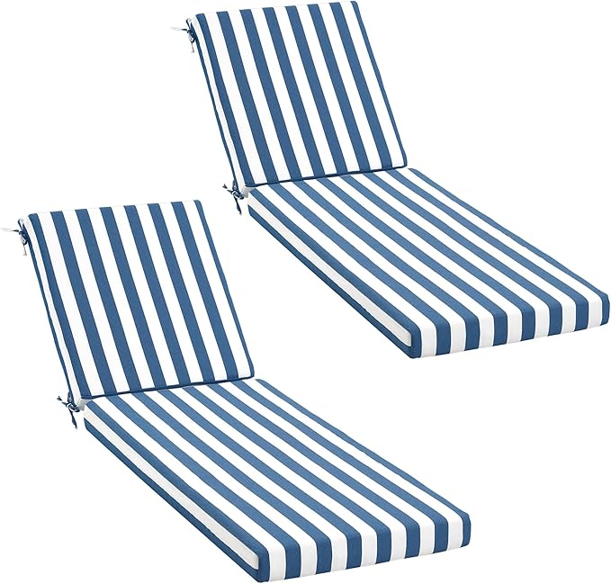 HOMREST 73.2x22.8x3.94 inches Lounge Chair Cushion Set of 2,Outdoor Chaise Lounge Cushion with Splash Fade Tear Resistant Fabric,Blue Stripes
