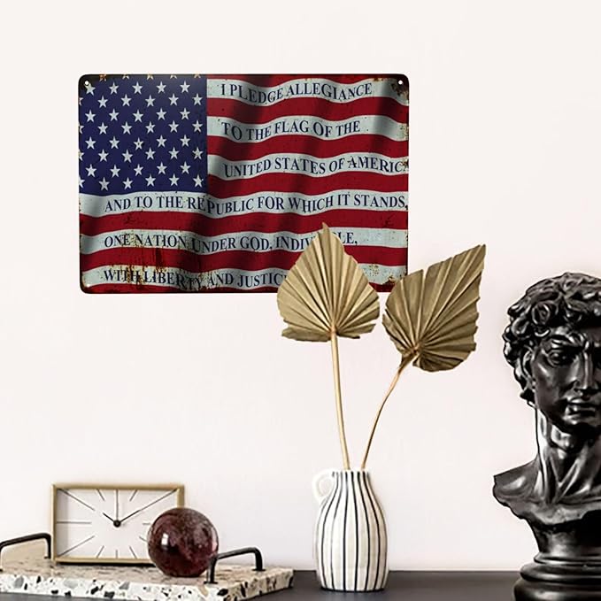 USA American Flag Vintage Metal Tin Sign Retro Rustproof Funny Art Wall Decor Gift Man Cave Bar US Pledge of Allegiance 8x12 Inch