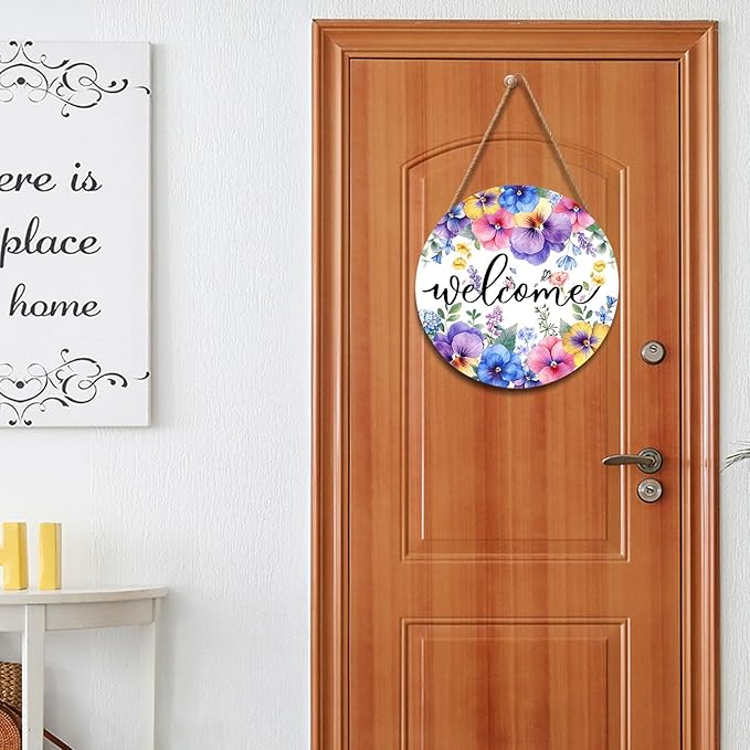 Welcome Spring Summer Red Blue Purple Floral Door Sign For Front Door Decor,Pansy Flowers Butterfly Wooden Sign 12"x 12" Round Spring Hanging Door Sign Decoration for Wall Rustic Decor