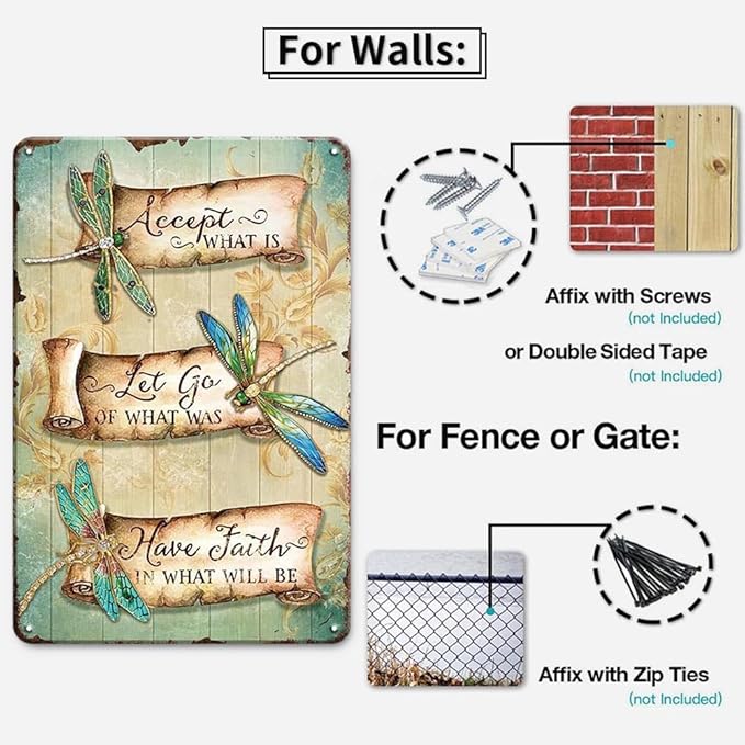 YOYI ART Metal Dragonfly Tin Sign - Accept What Is, Let Go Of What Was, Have Faith In What Will Be, Vintage Signs for Home, Bedroom, Garden, Patio and Yard Wall Decor Art, Gift for Women, 8 x 12 inch