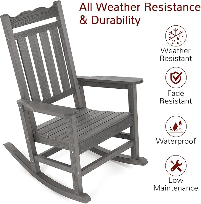 Stoog Outdoor & Indoor Rocking Chairs Set of 2, All-Weather Porch Rocker with High Back, 400 lbs Support Front Porch Rocker Chairs, Easy to Maintain, Grey