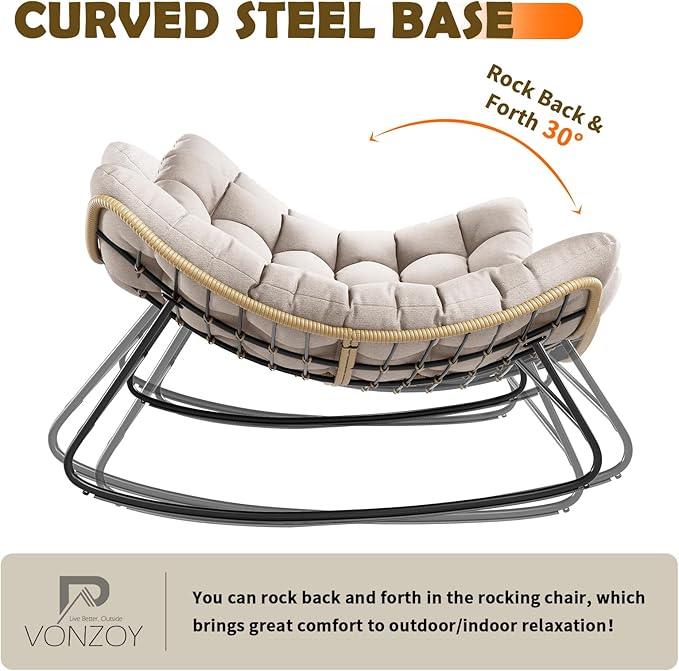 Outdoor Rocking Chair, Indoor Papasan Chair, Oversized Egg Rocking Chair with Thick Cushion, Rattan Wicker Rocker Lounge Chair for Bedroom, Living Room, Patio, Garden, Porch (Beige)