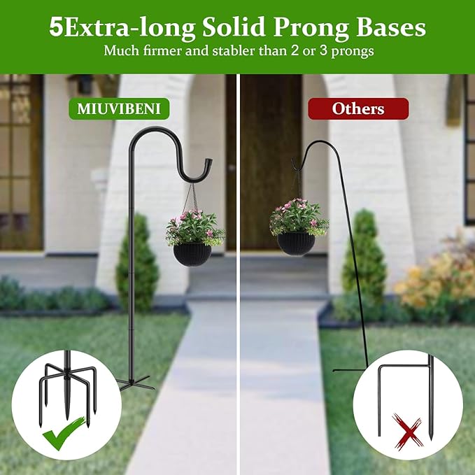 Shepherds Hooks for Outdoor, 48 Inches Garden Bird Feeder Pole for Hanging Bird Feeder, Plant Baskets, Solar Light Lanterns, Outdoor Plant Hanger Hook with 5 Base Prongs, 2 Packs