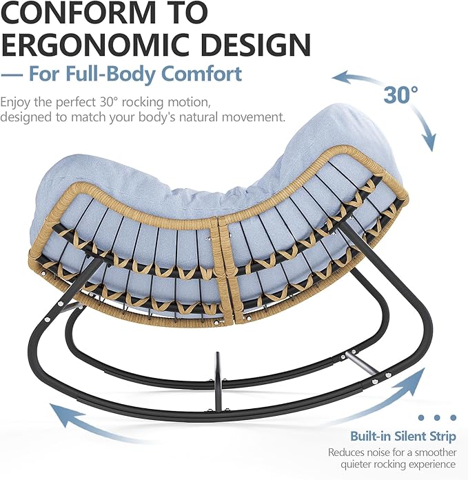 SWITTE Outdoor Rocking Chair, Oversized Patio Papasan Rocker, Comfy Wicker Reading Lounge, Indoor Egg Chair for Bedroom, Living Room, Porch, Garden, Lawn-Light Blue