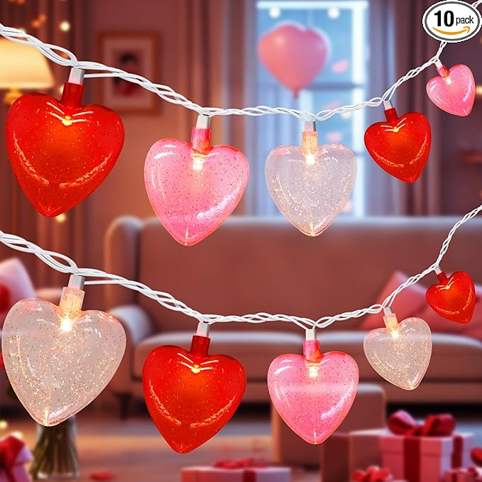 8.5Ft Valentine's Day Decorations Heart Lights String, Valentines Day Lights with 10 LED Red Pink White Heart-shaped with Glitter, Romantic Fairy Light for Valentine Proposal Anniversary Party Decor