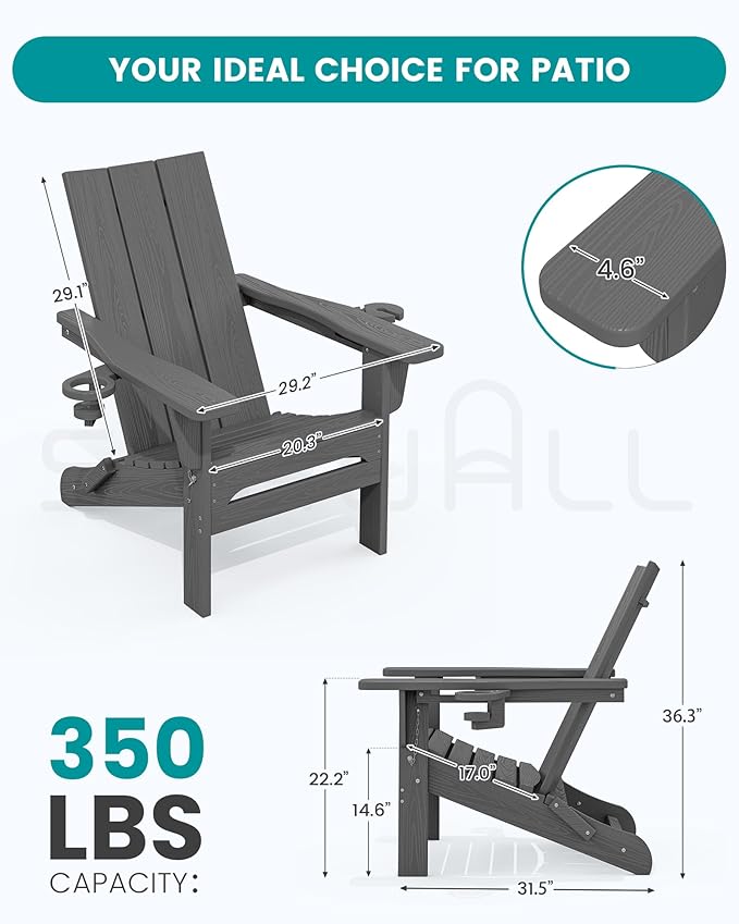 SERWALL Outdoor HDPE Modern Adirondack Chair，Folding Adirondack Chair with Cup Holders, All Weather Resistant Fire Pit Chair, Gray