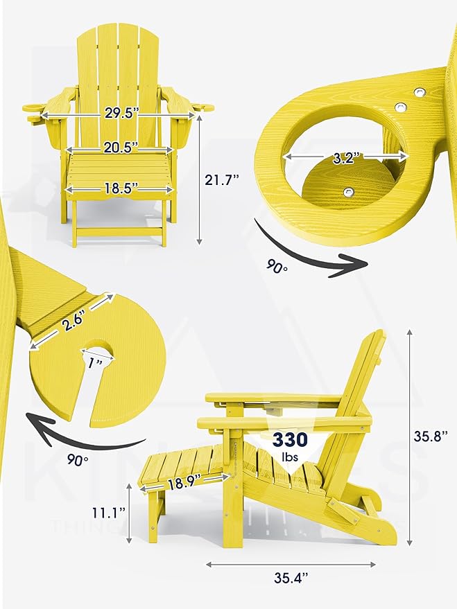 KINGYES Folding Adjustable Adirondack Chair with Ottoman & 2 Cup Holders, HDPE Adirondack Recliner Chair with Footrest, Yellow