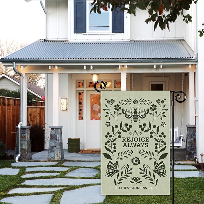 Rejoice Always, 1 Thessalonians 5:16 Garden Flag, Double Sided Yard Outdoor Farmhouse Lawn Porch Decor Flag, Bible Verse Banner, Religious Housewarming Gifts for Women Coworker Friend