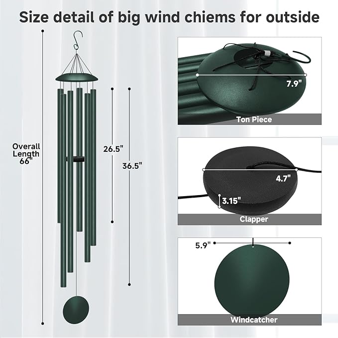 66" Extra Large Wind Chimes for Outside Deep Tone, 6 Thick and Bold Aluminum Tubes Tuned Relaxing Melody Wind Chime, Big Wind Chimes for Garden Patio Decor, Great Gift Idea for Mother's Day (Forest)