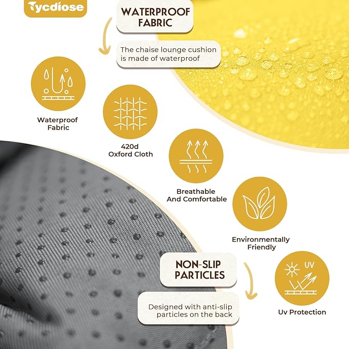 Waterproof Outdoor Chaise Lounge Chair Cushion 74.4 x 22 x 4.7 Inches Memory Foam Lounge Chair Cushions for Outdoor Furniture with Ties, Thickened Pool Chaise Lounge Chair Cushions, Yellow