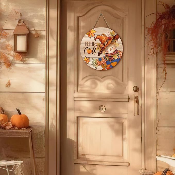 Hello Fall Autumn Scarecrow Door Sign for Porch Pumpkins Maple Leaf Wood Hangers Farmhouse Door Sign for Front Door Decor Seasonal Home Decorations Autumn Wall Hanger Sign