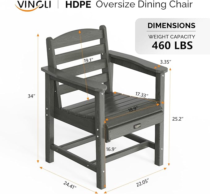 VINGLI Outdoor Patio Dining Chairs, HDPE Plastic Outdoor Patio Chairs All-Weather Durable Garden Seating for Yard, Outside, Poolside, Deck, Porch (Grey, 1 PCS)