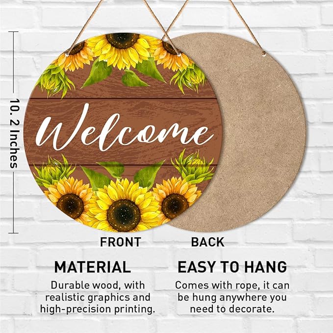 Muktoujaumai Welcome Sign Front Door Decor, Summer Welcome Round Hanging Sign Decor Farmhouse Sunflower Wall Decorations Wood Sign for Door, Porch, Home, Housewarming Gift for New House Friend Family