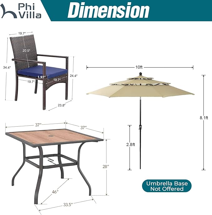 PHI VILLA 5 Piece Outdoor Dining Set with Umbrella for 4, 37" Square Metal Wood-top Dining Table & Wicker Rattan Chairs with Cushions & 10ft Beige Umbrella for Patio, Deck, Backyard, Porch