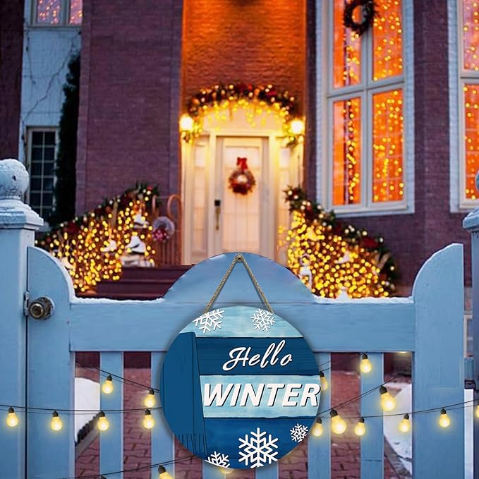 Hello Winter Door Sign for Front Door Blue Snowflakes Scarf Door Hanger Winter Wooden Porch Wall Hanging Sign for Home Outdoor Xmas Decoration 12x12 Inch