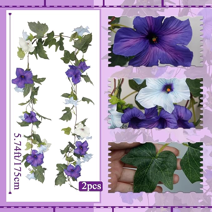 CISDUEO 2 Pcs Artificial Vines for Outdoors Silk Morning Glory Garland 11.5 Ft Hanging Flowers Plants Fake Petunias Vines for Indoor Home Decor Wall Fence Mantle Stairway Mailbox Purple Blue and White