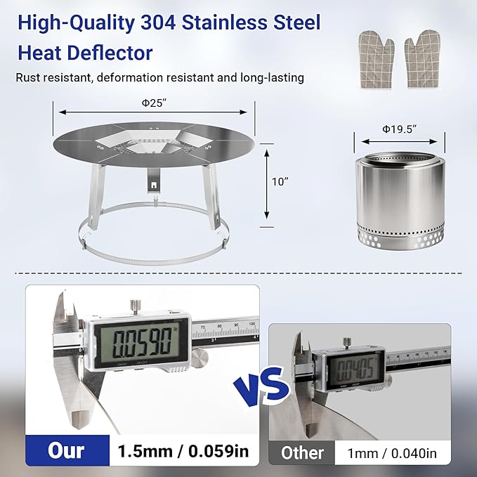 Heat Deflector Fit for Solo Stove Bonfire 19.5", 304 Stainless Steel Heat Diffuser for Bonfire Fire Pit with Grill Gloves & Fix Hoop, Capture and Redirect Warmth, Camping Accessory