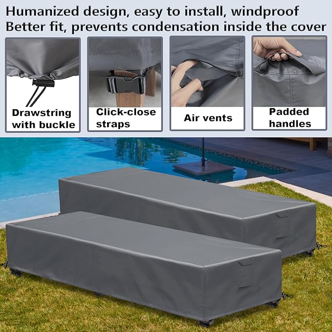 Waterproof Patio Lounge Chair Cover 1 Pack Outdoor Chaise Lounge Covers 600D Weather Resistant Material, UV Protection, Windproof Design Outside Furniture Covers 80" x 28" x 14" H,Grey