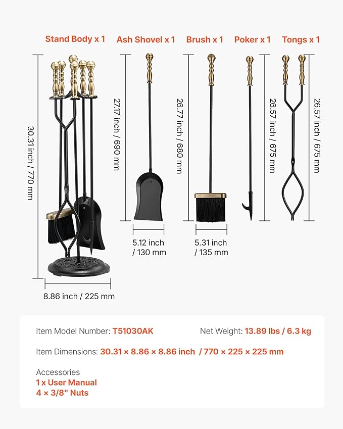 VEVOR Fireplace Tool Set, 5 PCS Fire Tool Set and Holder with Five-Prong Stand, Tongs, Ash Shovel, Brush, Fire Place Poker, Wrought Iron Fireplace Accessories for Indoor/Outdoor, Black & Brass