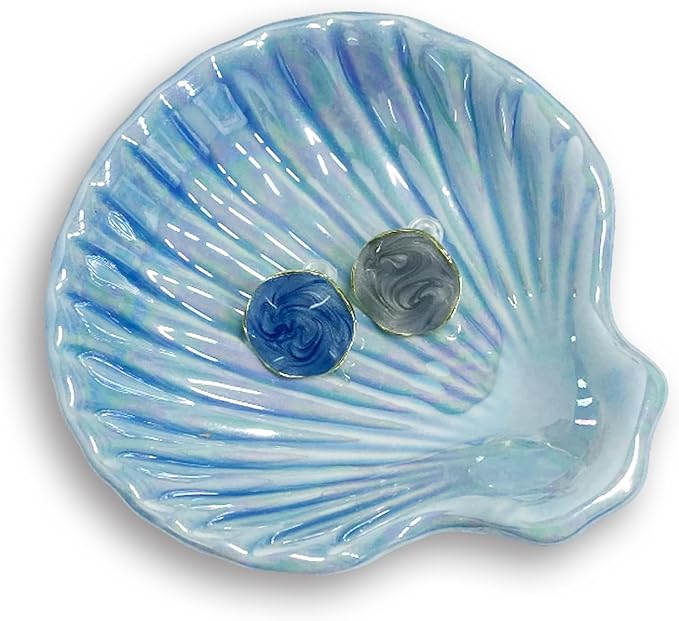 Shell Jewelry Dish Tray for Women, Ceramic Seashell Jewelry Ring Holder Dish, Jewelry Plate Trinket Dish for Necklace, Earring, Ring, Mother's Day Christmas Gift, 3.9", Sky Blue Iridescent Surface