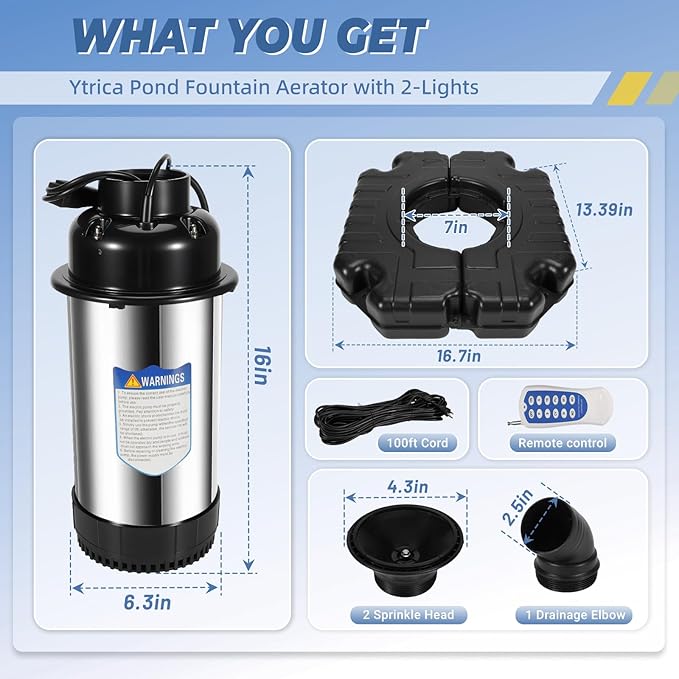 110V 15000 GPH Pond Fountain Aerator, Stainless Steel Fountain Pump with lights (4 lights)