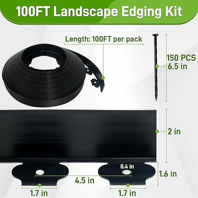 2 Inch x 100FT Landscape Edging Border with 150 Anchoring Spikes, No Dig Garden Border Edging Kit, Plastic Flexible Edging for Landscaping Garden Flower Beds Lawn Yard Paver Pathway, Black