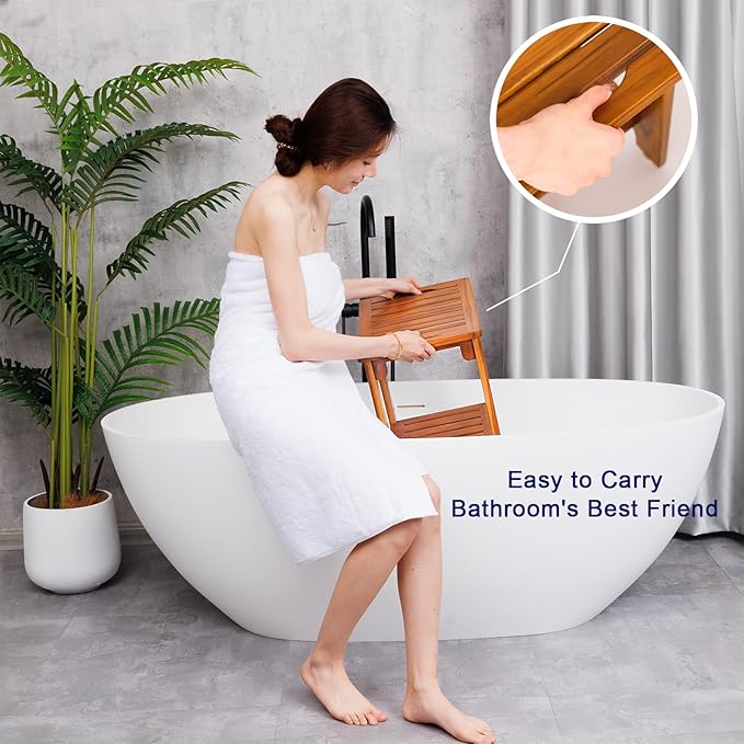 24" Large Teak Shower Bench with Shelf & Handle - Waterproof Spa Stool, Non-Slip Leveling Feet & 300 lbs Capacity - for Showers, Saunas/Steam Rooms & Outdoor Pools (Patented)