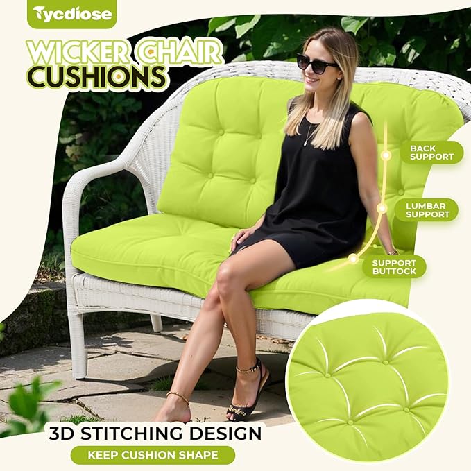 All Weather Wicker Chair Cushions of 3 Pieces, Waterproof Outdoor Wicker Chair Cushion for Patio Furniture Loveseat Settee Bench, 1 Loveseat and 2 U-Shaped Thickened Cushions, Light Green