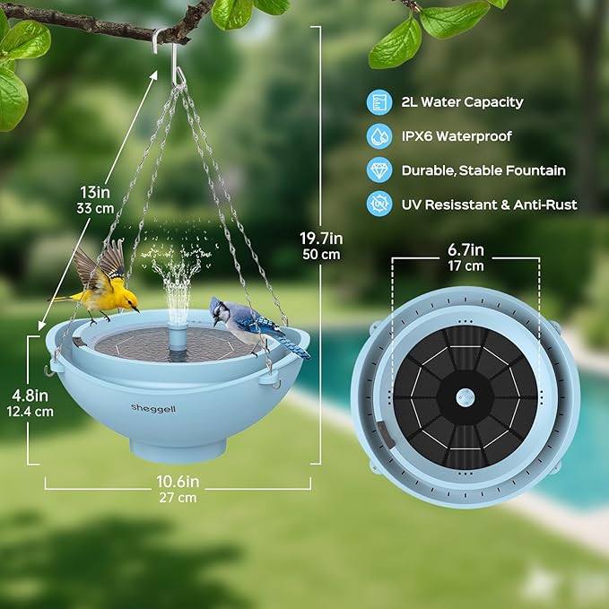 Sheggell Smart Bird Bath, 2L Large Capacity with Water Circulating Filtration, Solar Bird Bath with 3 Fountain Modes, Hanging & Freestanding Design, IPX6 Waterproof, Birdbath for Yard