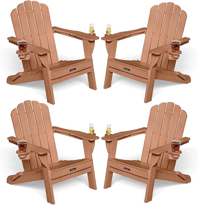 Adirondack Chairs Set of 4, HDPE Material Fire Pit Chairs, Plastic Adirondack Chairs with 2 Cup Holder, Outdoor Lawn Chair for Patio Garden, Teak