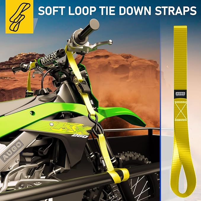 Soft Loop Tie Down Straps - 1,500 Load Capacity & 4,500 Lbs Breaking Strength - 6 Pack - Loops for Securing ATV, UTV, Motorcycles, Scooters, Dirt Bikes, Lawn & Garden Equipment - by AUGO