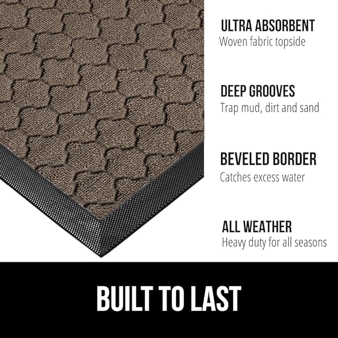GORILLA GRIP 100% Waterproof All-Season WeatherMax Doormat, 34x58, US Designed Natural Rubber, Stain and Fade Resistant, Low Profile Indoor Outdoor Door Mats, Easy Clean Patio Mat, Latte Quatrefoil