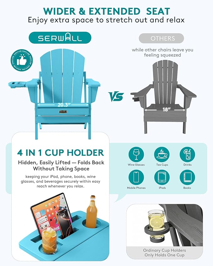 SERWALL Folding Adirondack Chair, Outdoor Adirondack Chairs with 4 in 1 Cup Holder, Wood Texture, Weather Resistant Plastic Patio Fire Pit Chairs for Garden, Backyard, Deck, Lawn - Light Blue