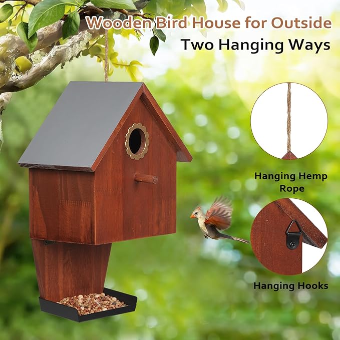 Bird Houses for Outsid,Wood Birdhouse,Hanging Bird Feeder,Garden Wild Bird Feeders for Bluebird Finch Cardinal Hummingbirds Chickadee Wren, Gift for Bird Lovers