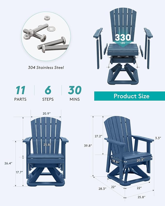 SERWALL Adirondack Swivel Glider Chair, HDPE Patio Glider Set of 2, All-Weather Glider Chair for Porch, Balcony, Navy Blue