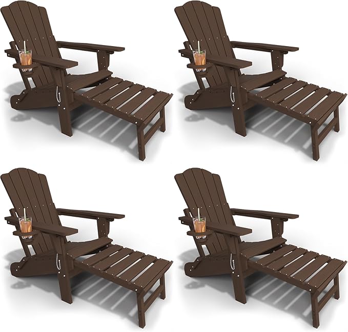 Folding Adjustable Adirondack Chairs with Ottoman & 1 Cup Holders Set of 4, HDEP Multifunctional Adirondack Chair with Footrest,Brown