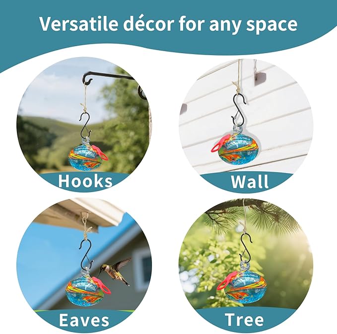 Small Hummingbird Feeders for Outdoors Hanging,Hand-Blown Glass Hummingbird Feeder with Silicone Feeding Perch,Never Leak,Gardening Gifts for Woman Man(Blue)