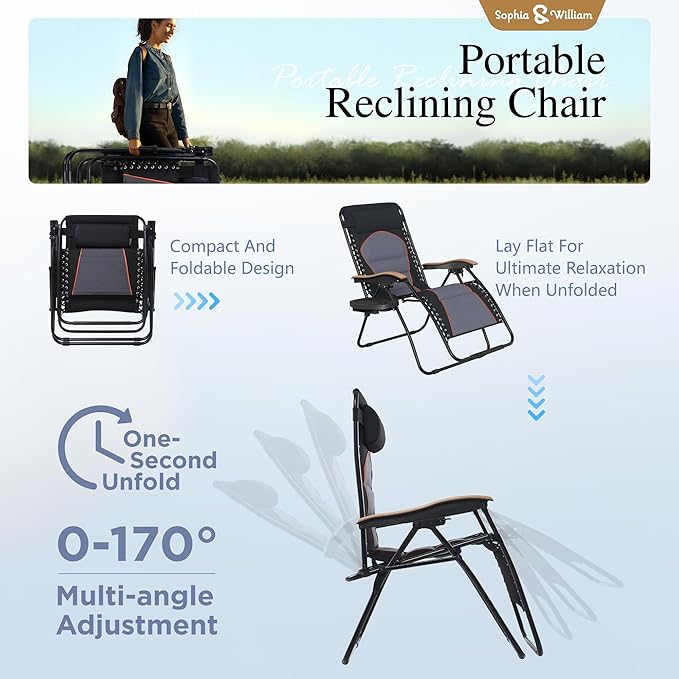 Sophia & William Oversized XXL Zero Gravity Chair Set of 2, Outdoor Recliner Folding Zero Gravity Lounge Chair Outdoor Gravity Chair with Free Cup Holder, Supports 400 LBS (Black)