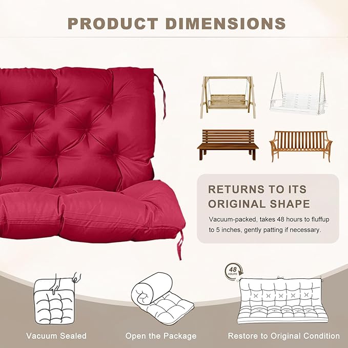 Porch Swing Cushion with Backrest,Waterproof Bench Cushion for Outdoor Furniture,2-3 Seater Replacement Thickened Swing Cushion with Ties,Patio,Outdoor,Backyard and Garden (Wine Red,47x40)