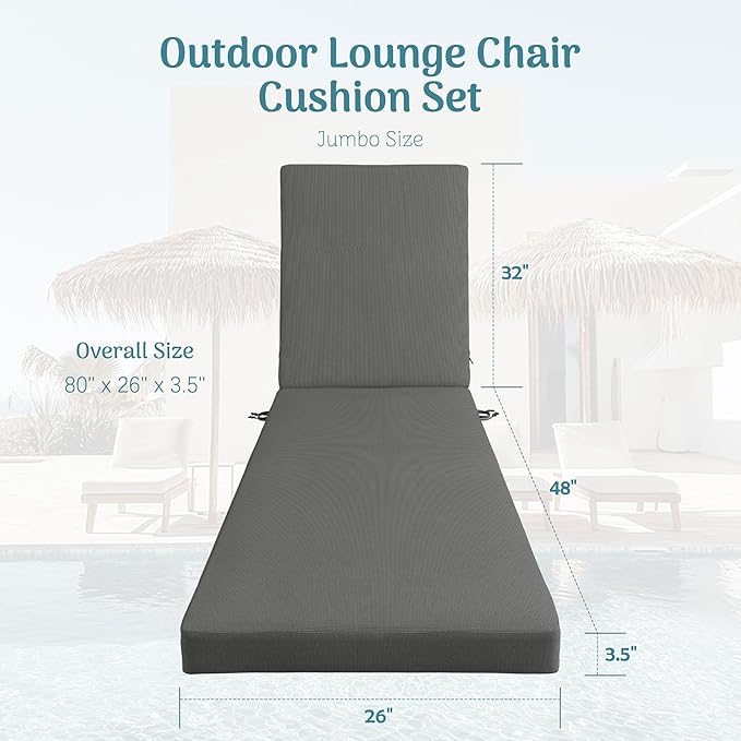 Codi Chaise Lounge Cushions Outdoor, Pool Lounges Chair Cushion Set, Waterproof for Patio Furniture, 80 x 26 x3.5 Inch 1PK Grey