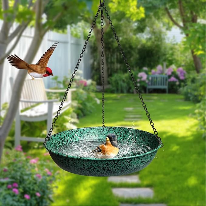 Hanging Bird Baths for Outside, 11 inch Outdoor Metal Bird Feeder for Garden Yard Decor Green
